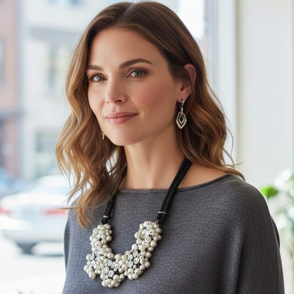 Chicos Faux Pearl Crystal Bib Statement Necklace and Drop Earring Set‎ Glam